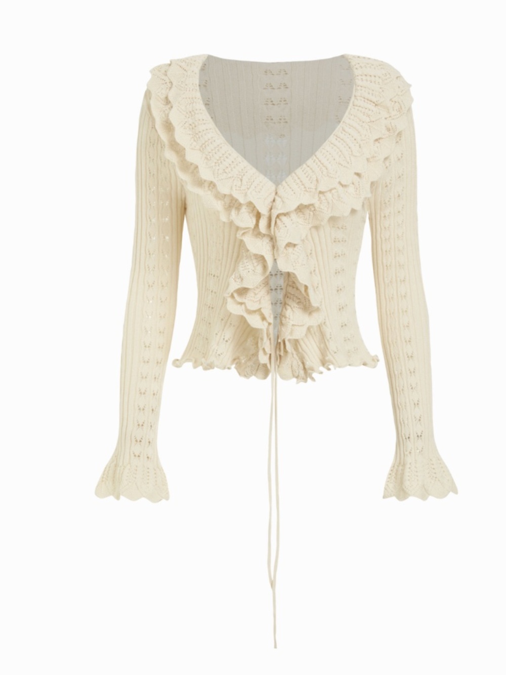 NWT KNIT BELL SLEEVE RUFFLED HEM KNOTTED HOLLOW OUT CARDIGAN XL